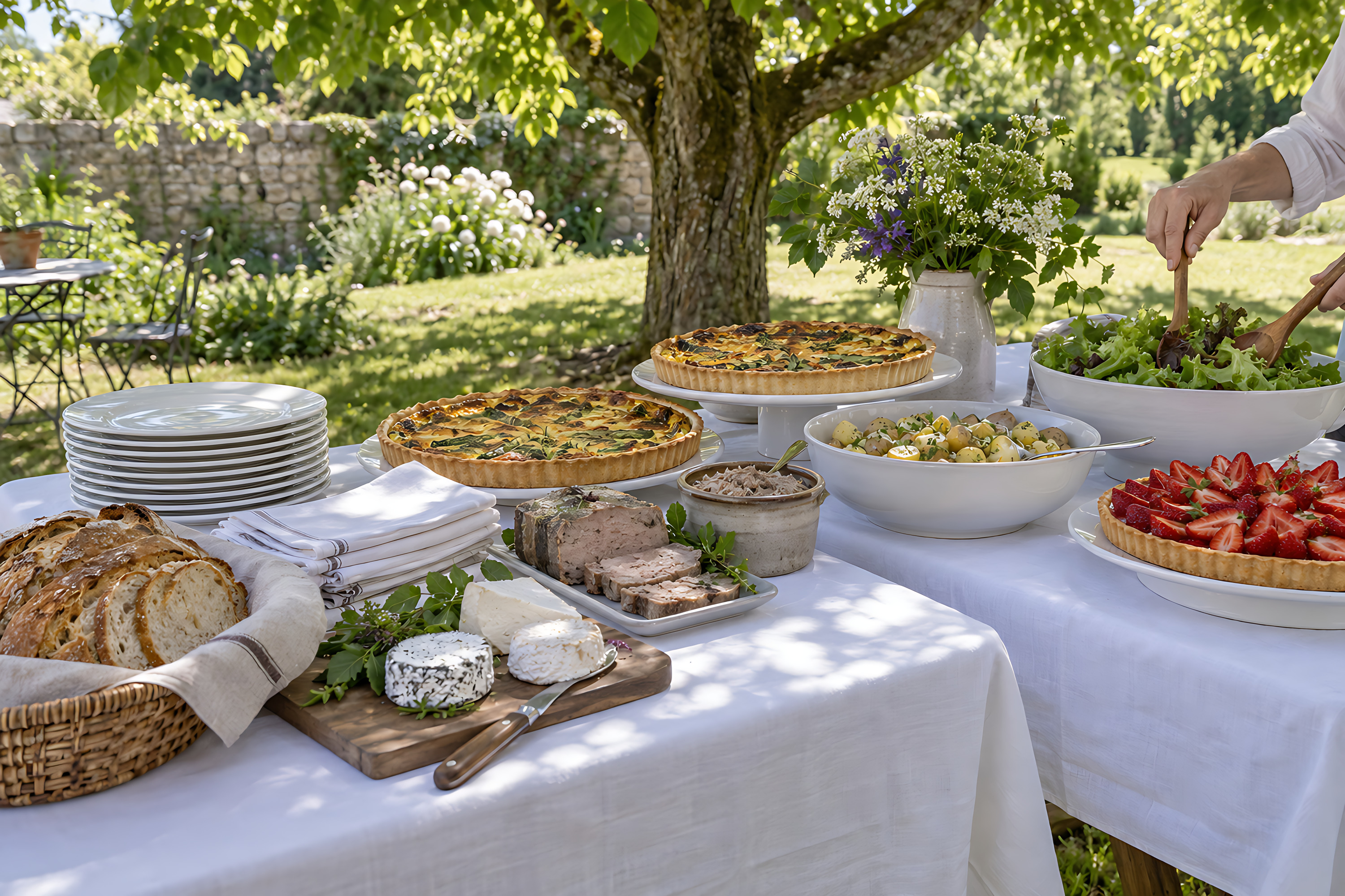 Buffet de famille dressé sous un tilleul, dans un jardin : terrines, quiches, salades et fromages de chèvre.