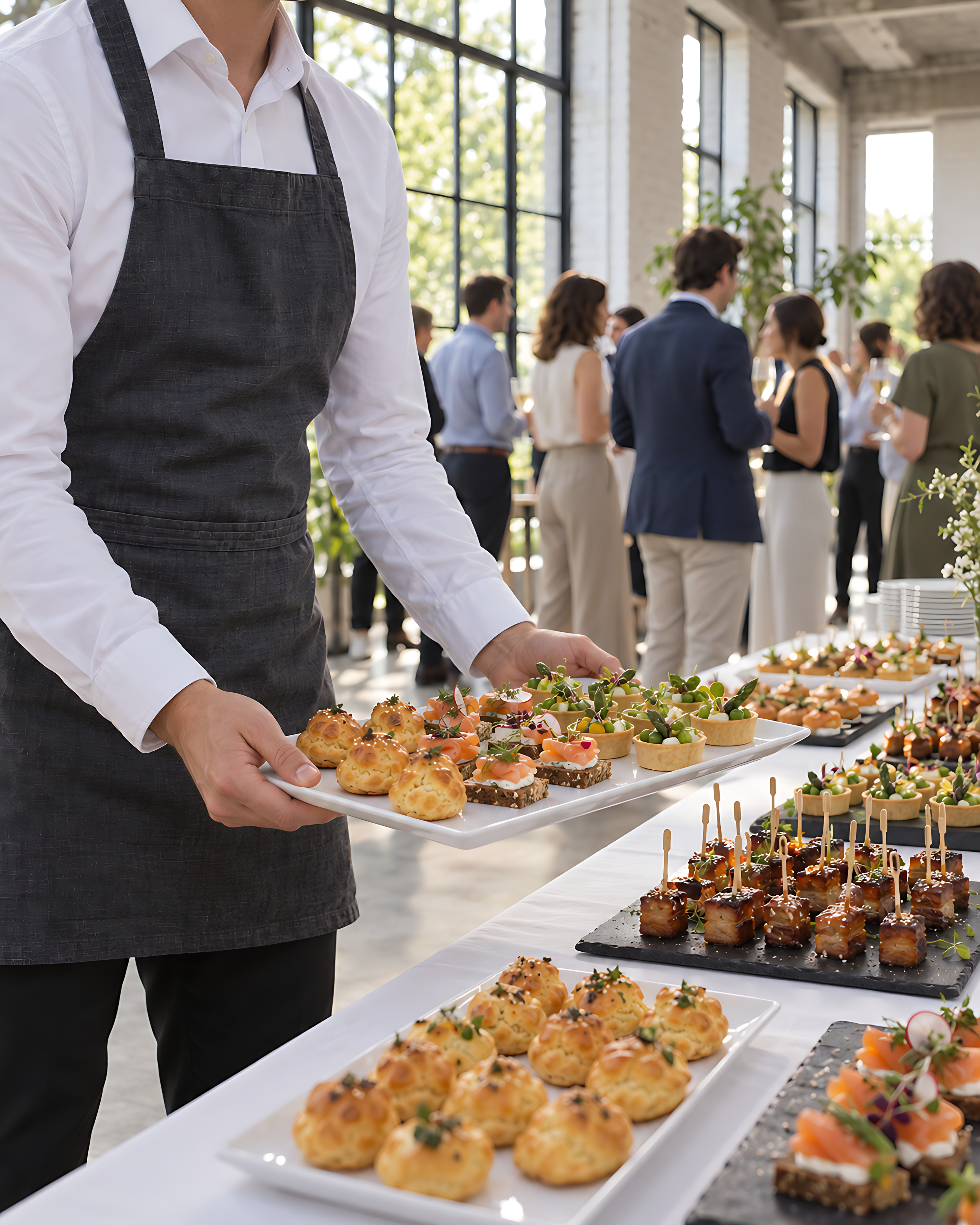 Cocktail d’entreprise dans un loft lumineux : un serveur pose un plateau sur un buffet nappé de blanc, devant les collègues.