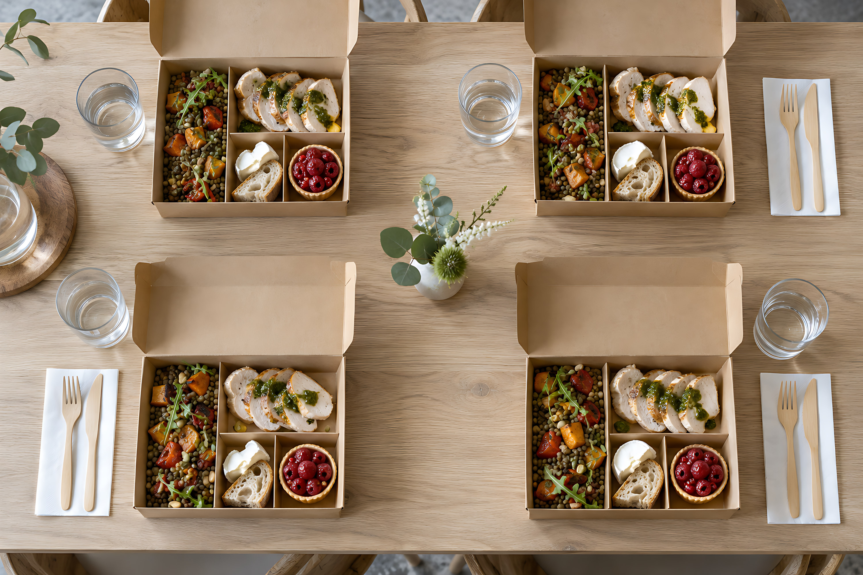 Coffrets individuels prêts à être servis pour l’assemblée générale.