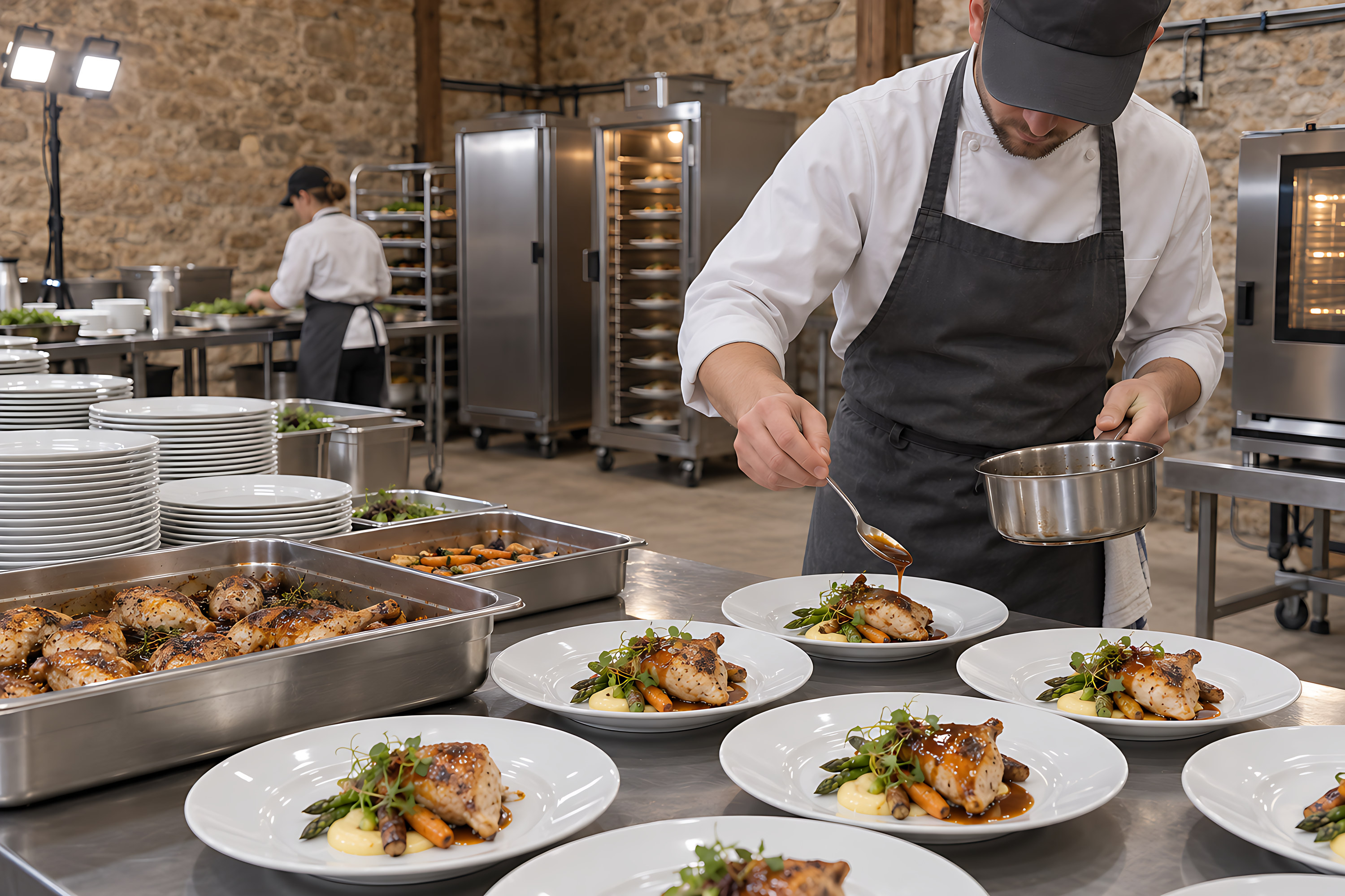 Cuisine de réception installée sur place, avec tables inox et armoires chaudes.