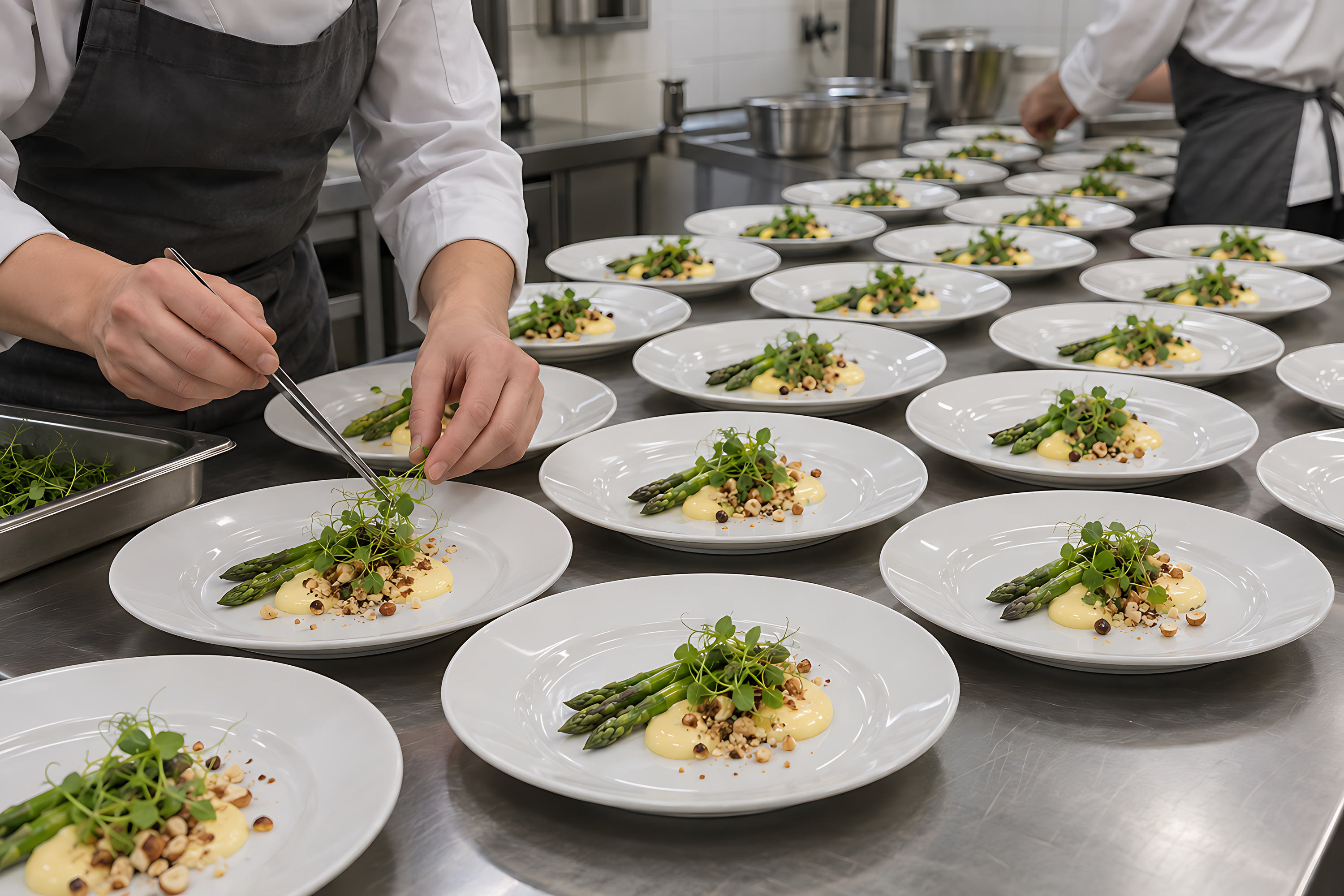 Dans la cuisine du laboratoire, des rangées d’assiettes identiques&nbsp;: asperges vertes, sabayon et noisettes. Une cuisinière pose les pousses de pois à la pince.