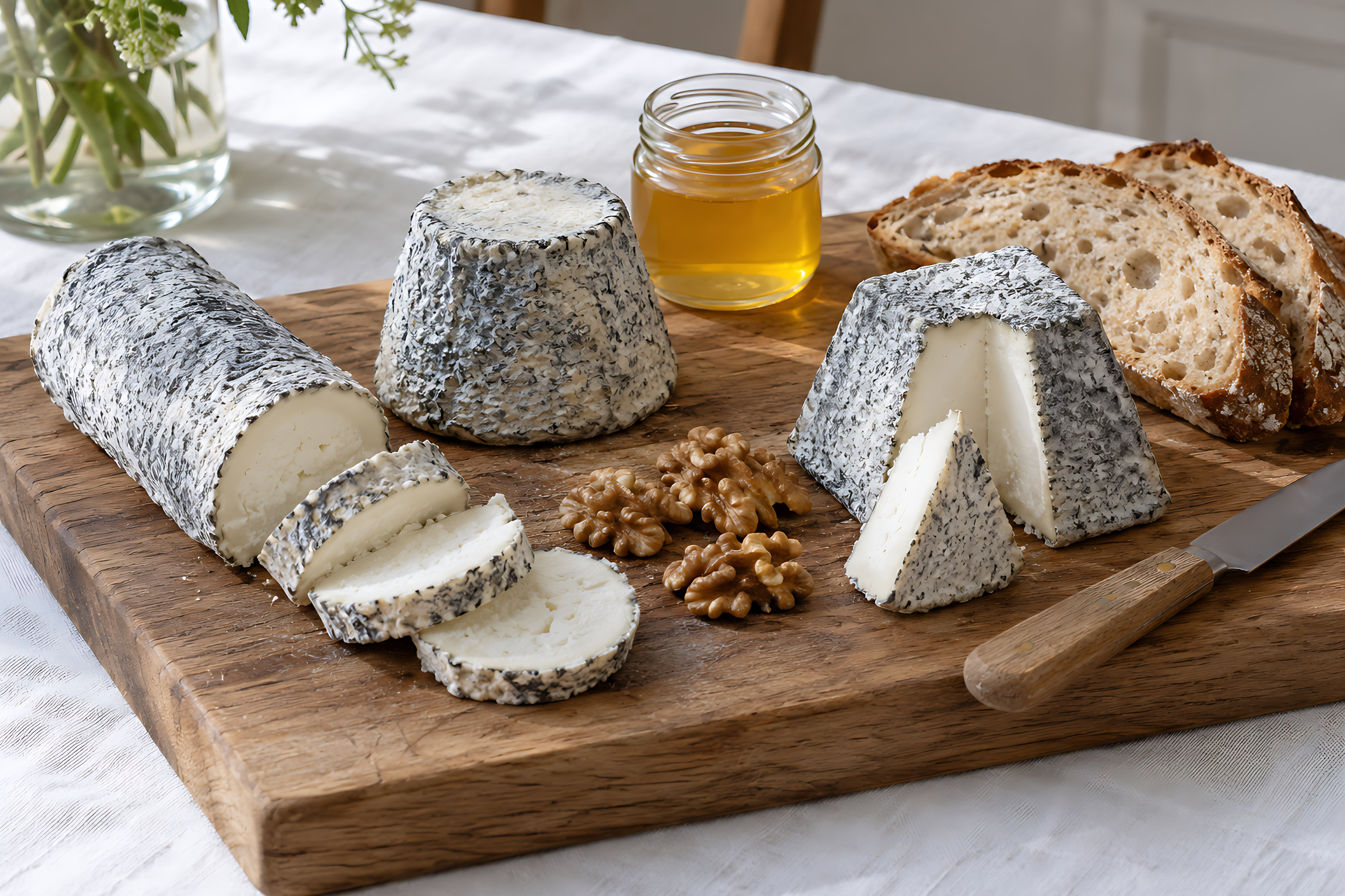 Chèvres cendrés de Touraine, noix et pain au levain.