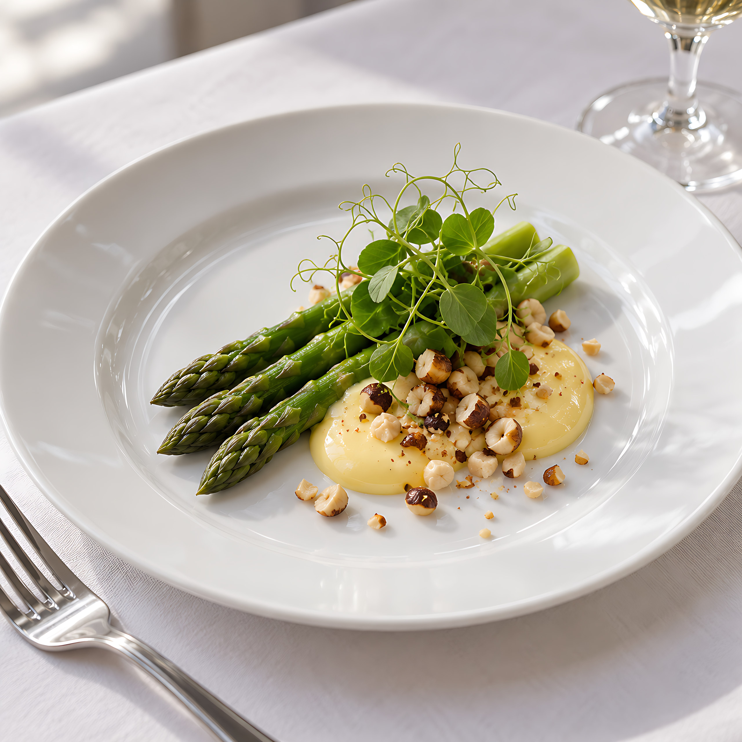 Trois asperges vertes, sabayon et noisettes sur une assiette blanche.