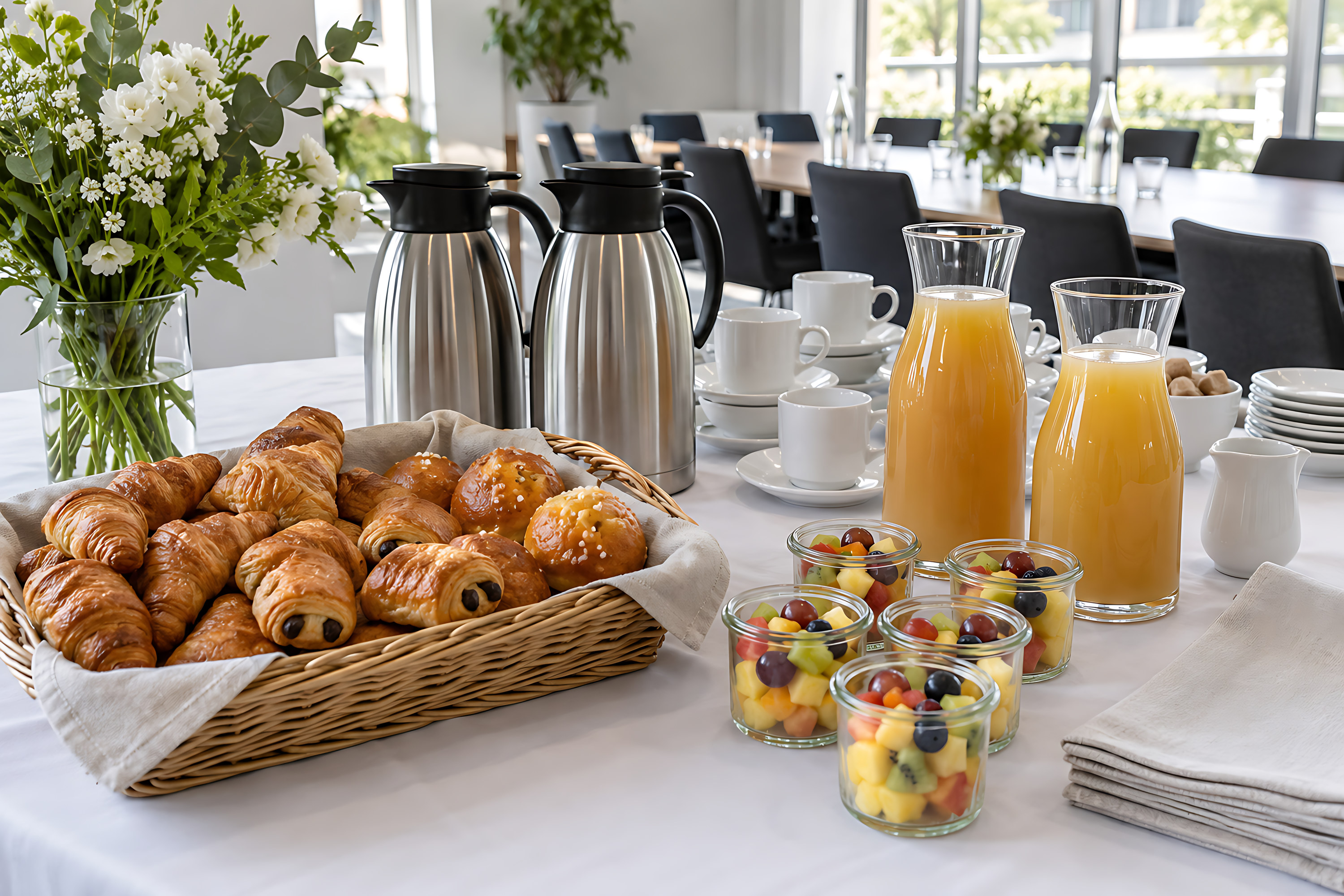 Viennoiseries, café, jus de pomme et fruits frais disposés pour l’accueil des participants.