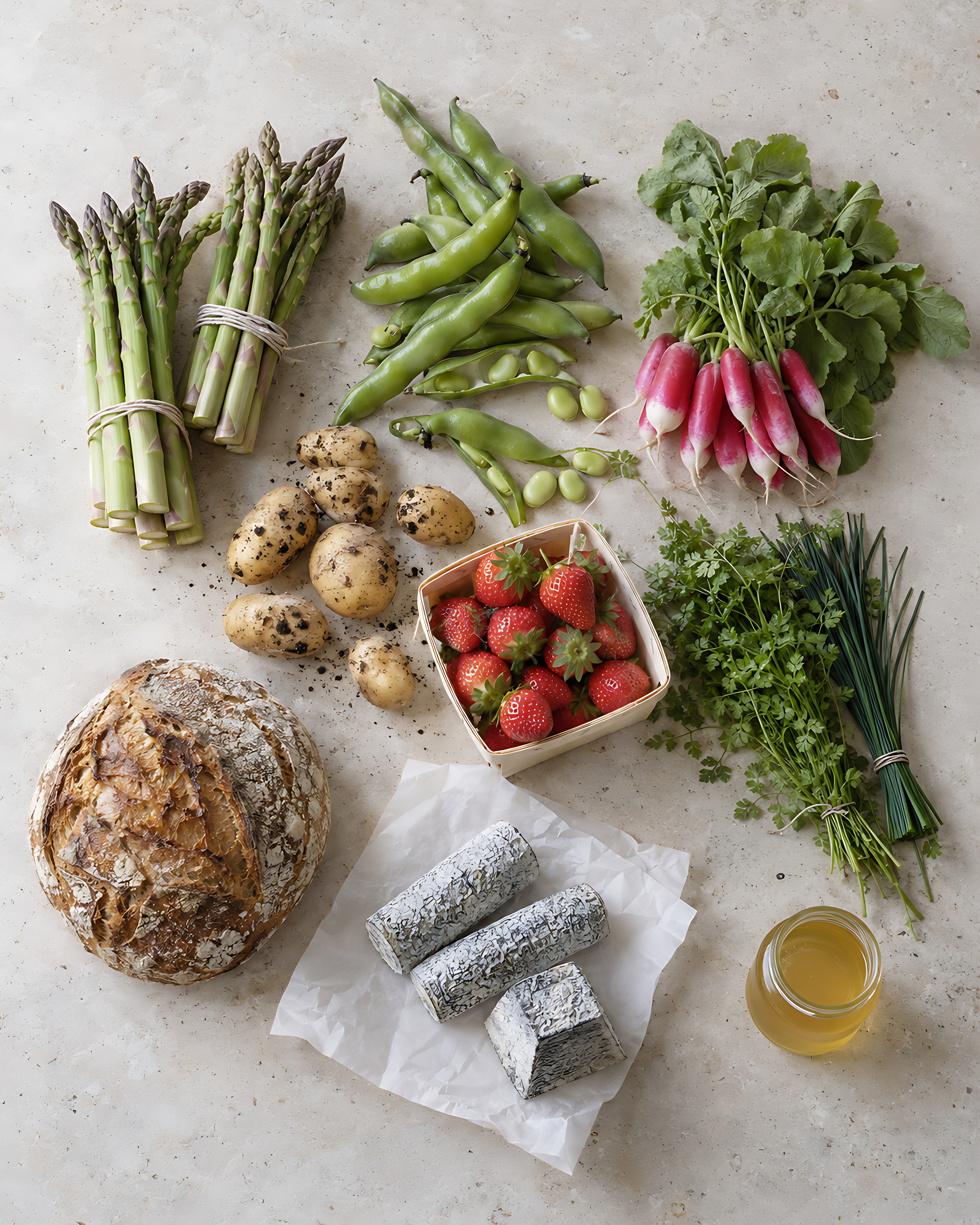 Produits de printemps posés sur un plan de travail en pierre&nbsp;: asperges vertes, fèves, petits pois, radis, fraises, chèvres cendrés et pain de campagne.