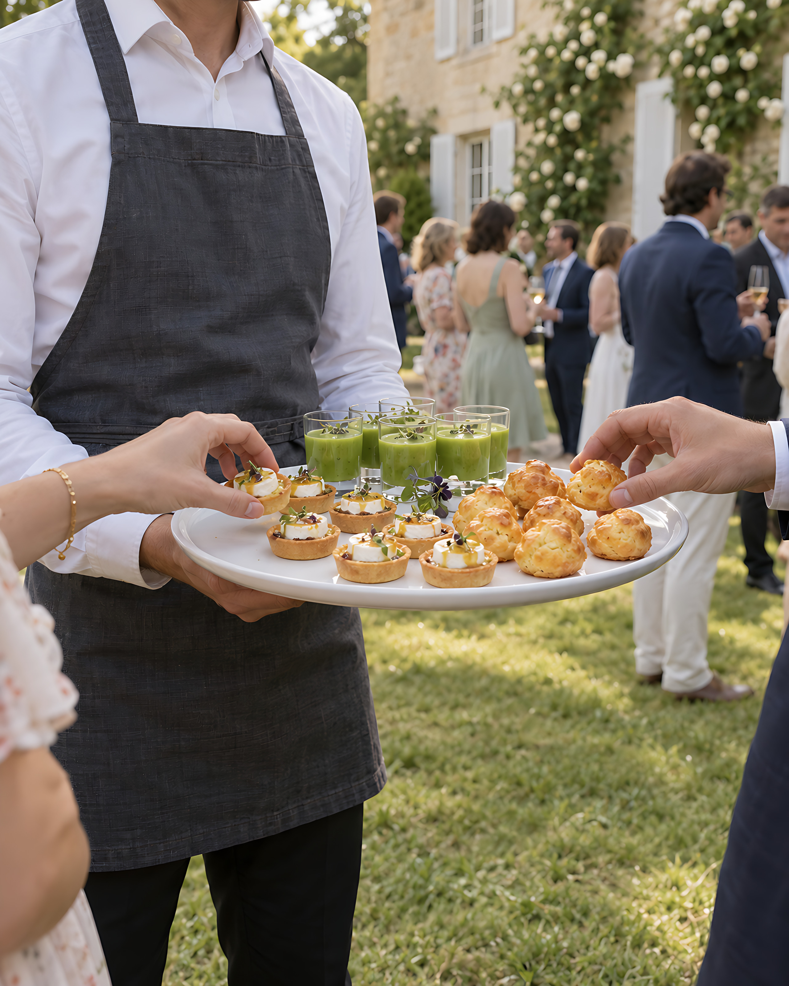 Vin d’honneur sur une pelouse&nbsp;: un serveur en chemise blanche et tablier anthracite tend un plateau de bouchées aux invités.
