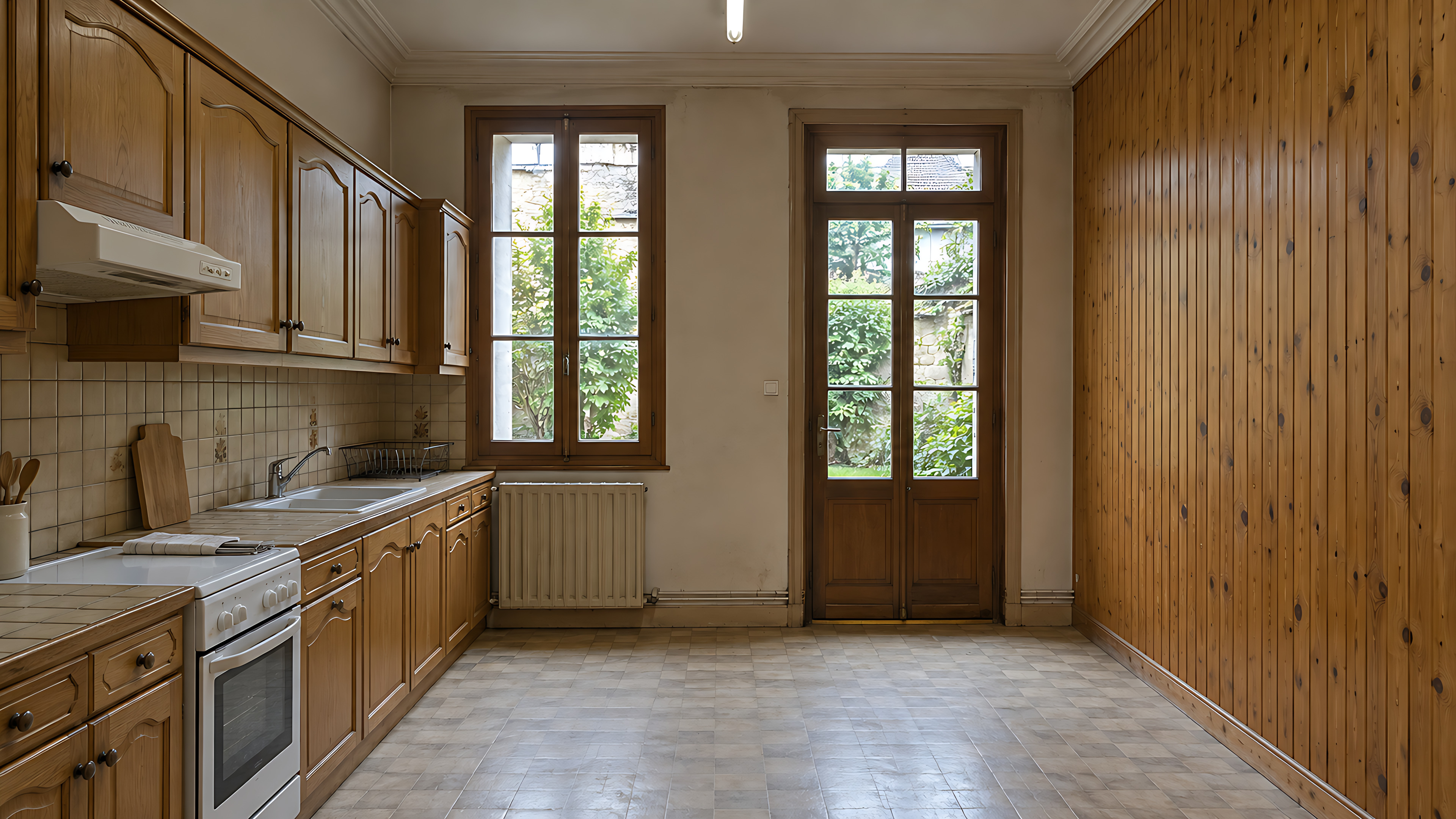 Avant&nbsp;: la cuisine des années 1990, en stratifié façon chêne, avec ses meubles hauts qui mordent sur la fenêtre et un lambris de pin sur le mur de droite.