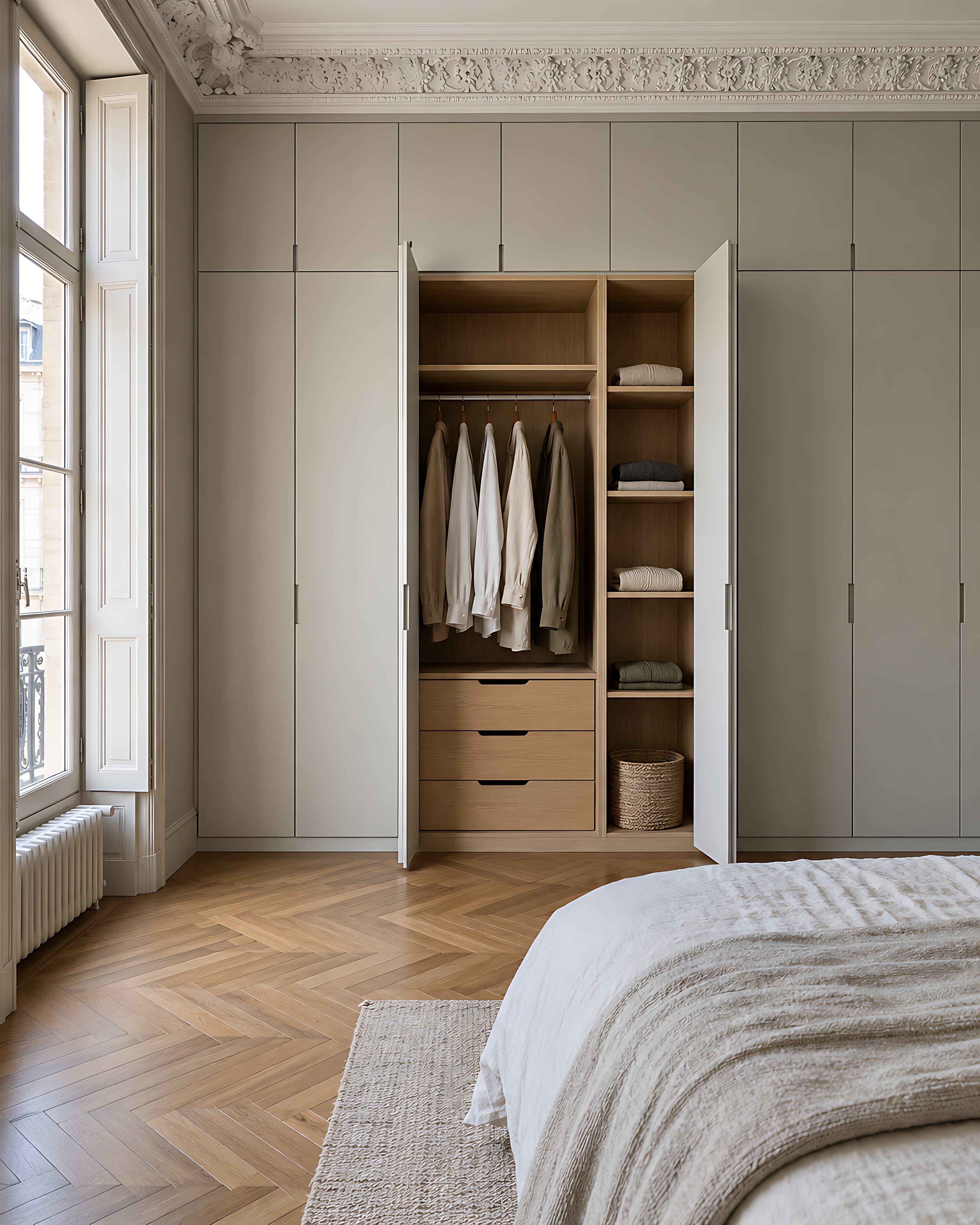 Un dressing peint en gris clair occupe tout le mur d’une chambre, du parquet jusque sous la corniche. Deux portes ouvertes montrent un intérieur en chêne.