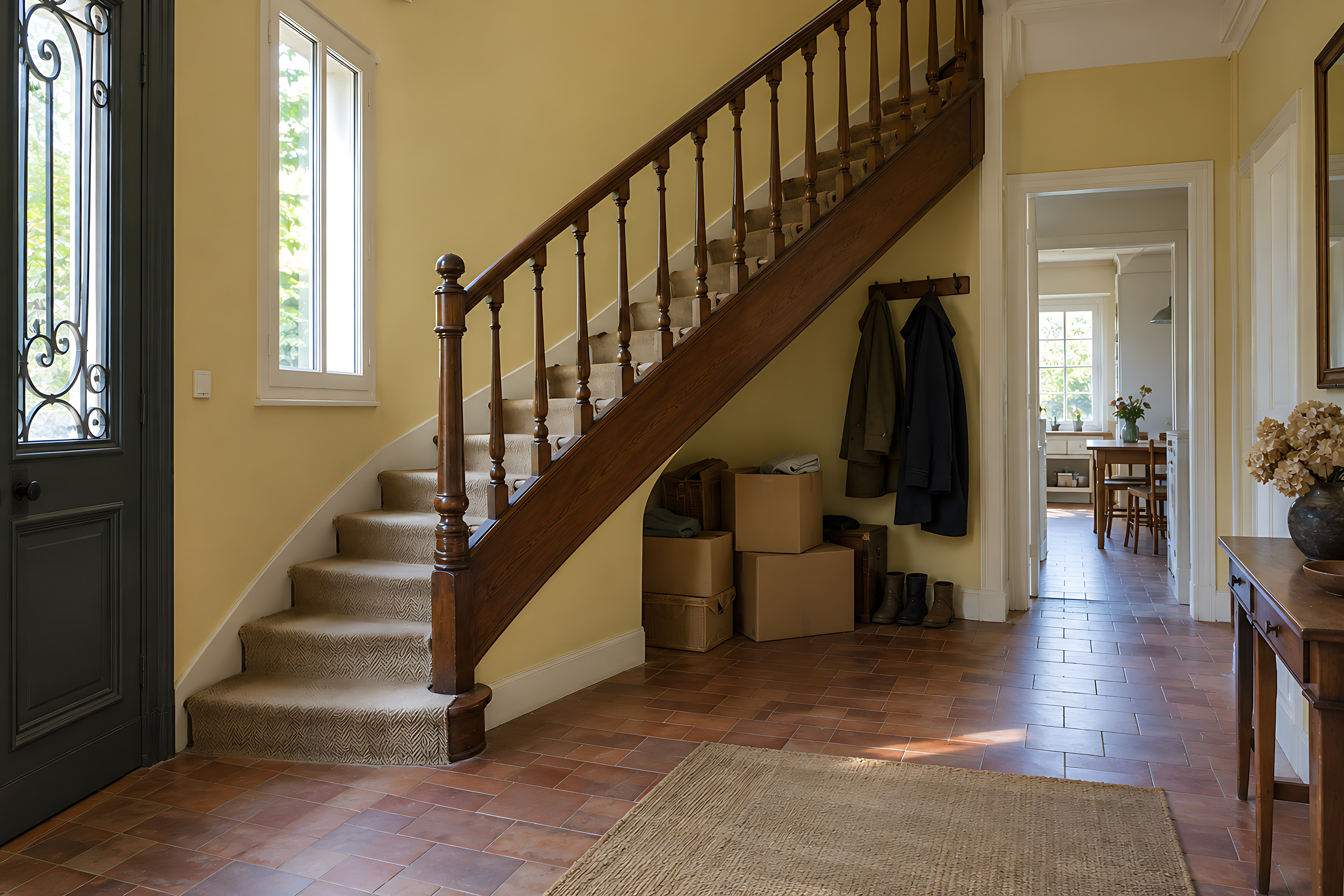 Avant : moquette beige usée sur les marches, rampe sombre et cartons sous l’escalier.