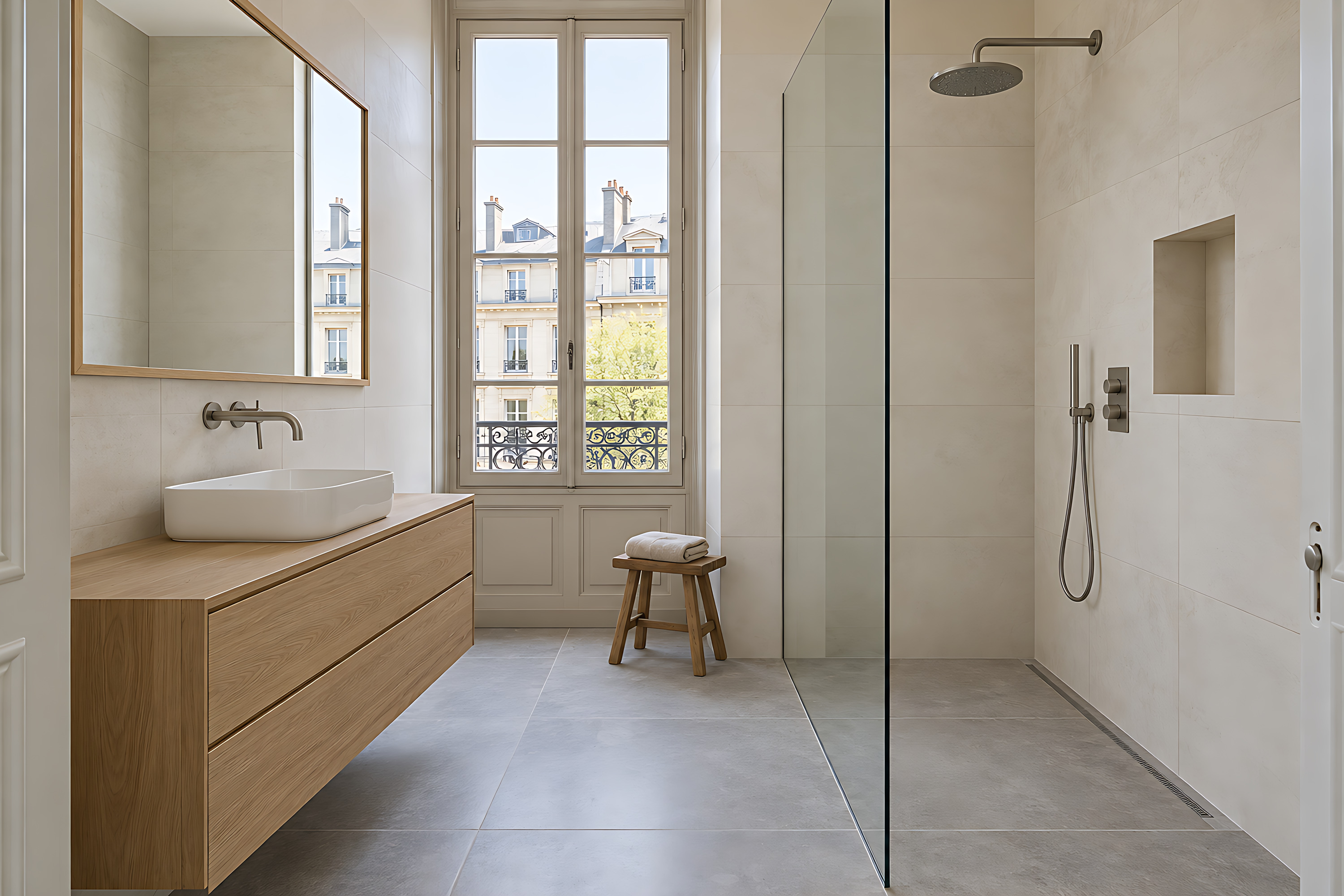 Une salle de bains rénovée : douche à l’italienne carrelée, meuble vasque suspendu en chêne clair sous un grand miroir.