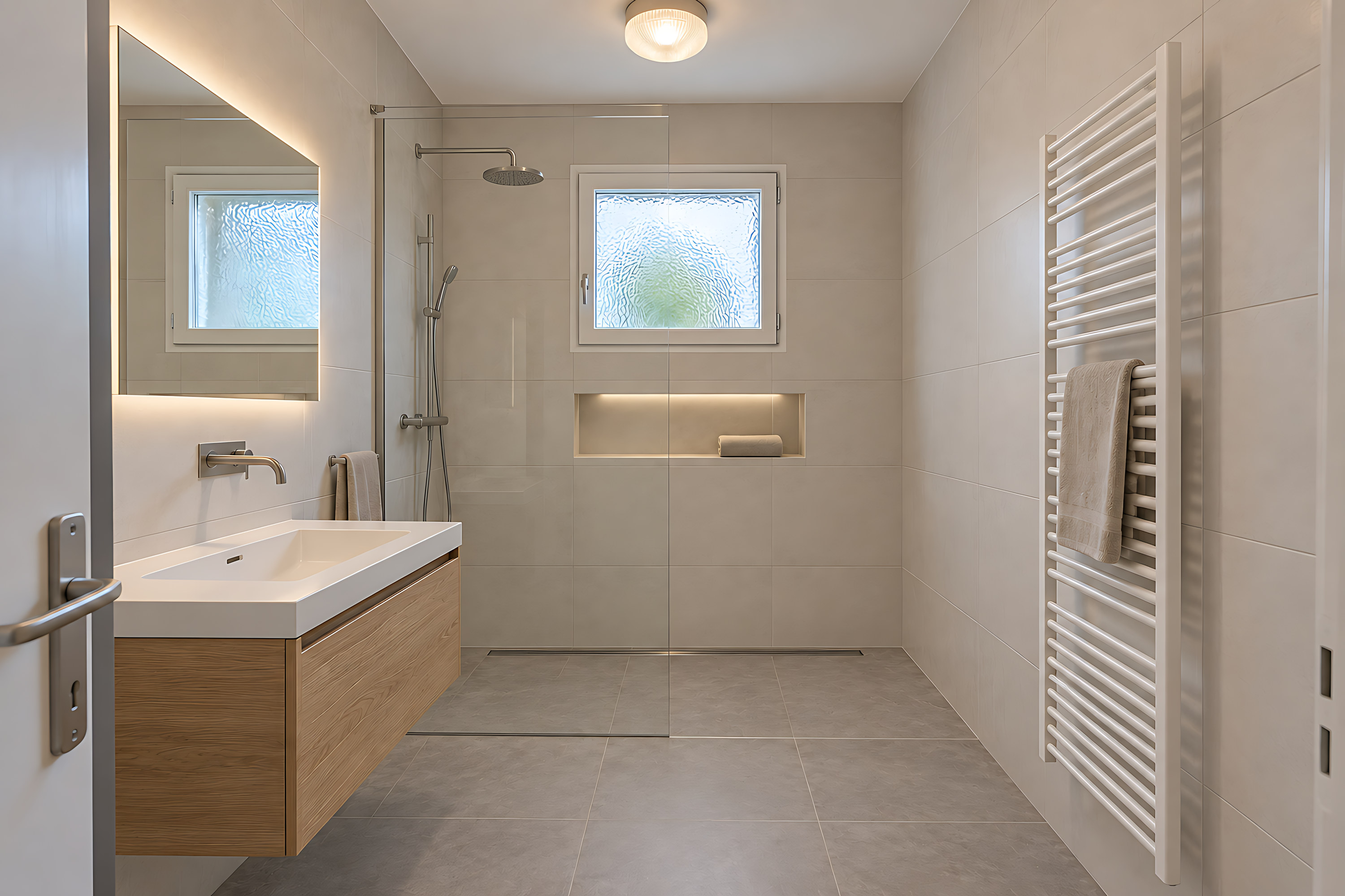Après, dans la même pièce : douche de plain-pied, meuble suspendu en chêne et grands carreaux clairs.