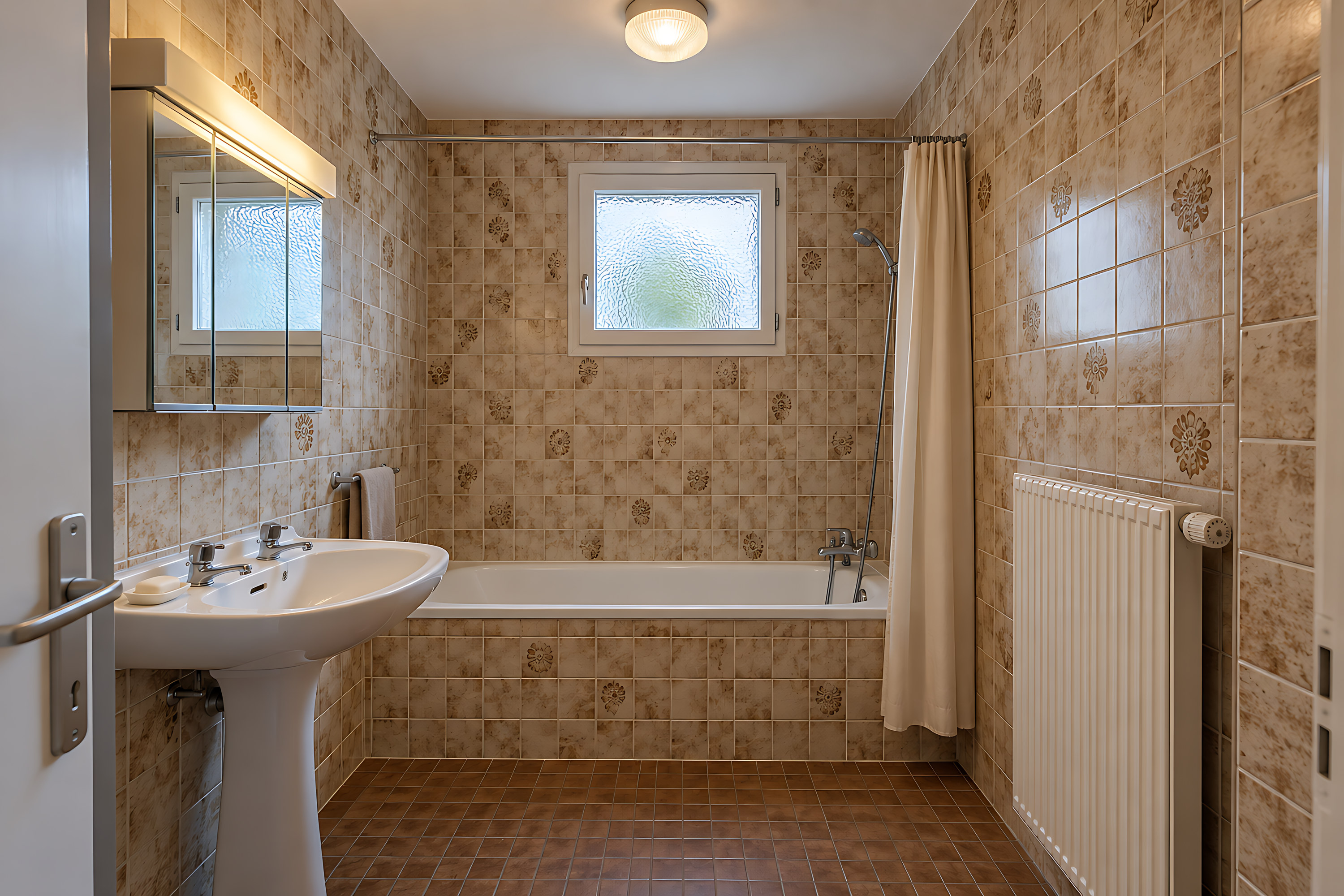 Avant, à Talence : baignoire encastrée, lavabo sur colonne et petits carreaux beige et brun.