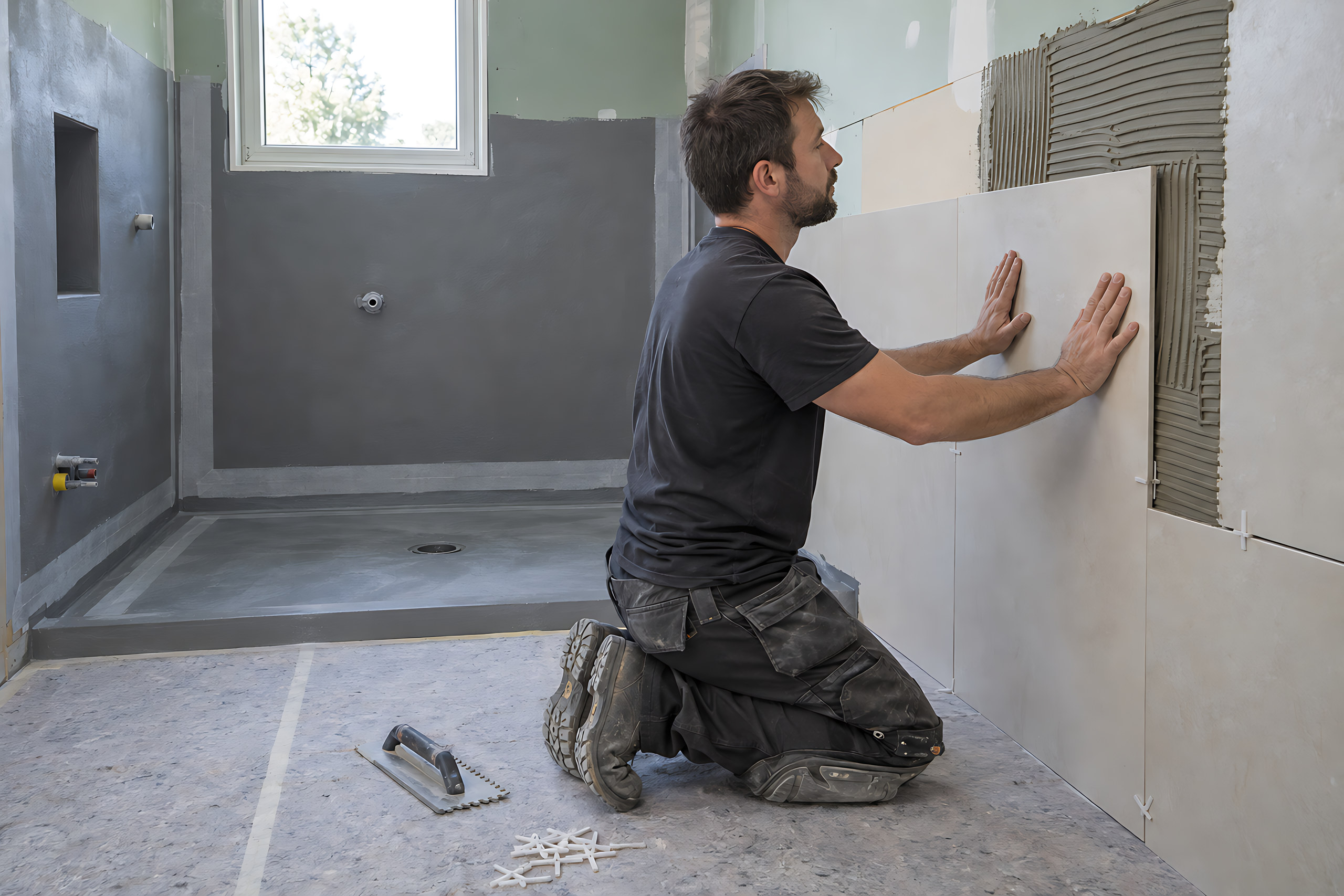 Un carreleur pose de grands carreaux sur un mur préparé, à côté de la douche protégée par une étanchéité continue.