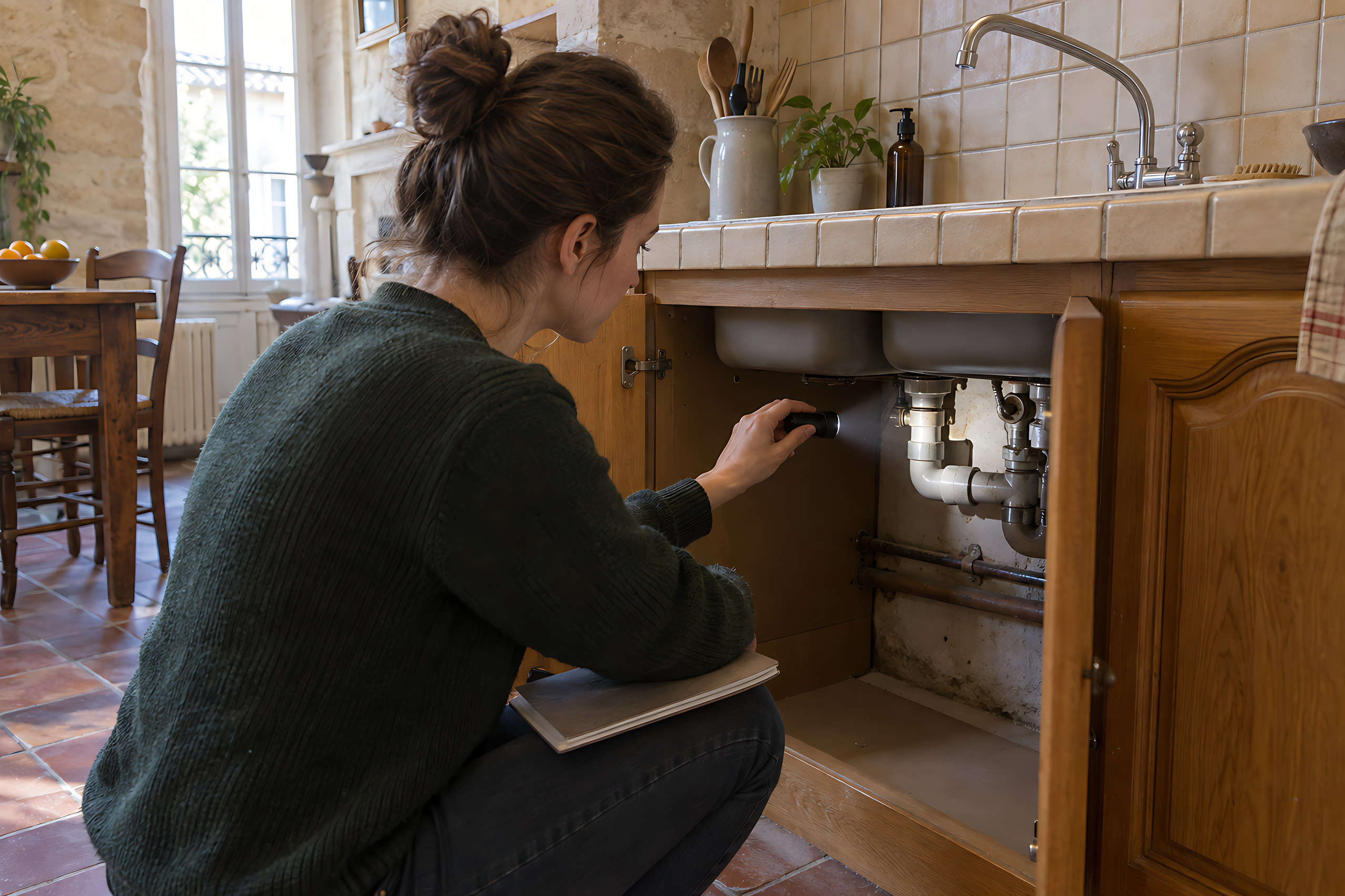 Lors d’une visite, la conceptrice de l’atelier examine les arrivées d’eau et les évacuations sous l’évier.